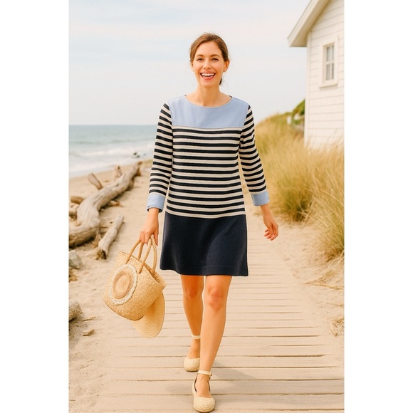 LOFT Dresses & Skirts - LOFT Striped Black White Chambray Trim Shift Dress S Classic Nautical Preppy